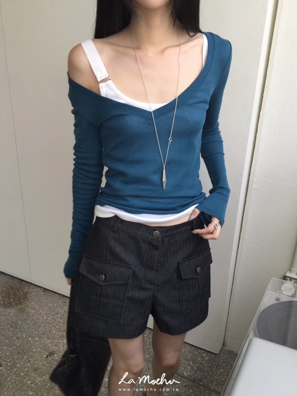 方口袋牛仔條紋短褲